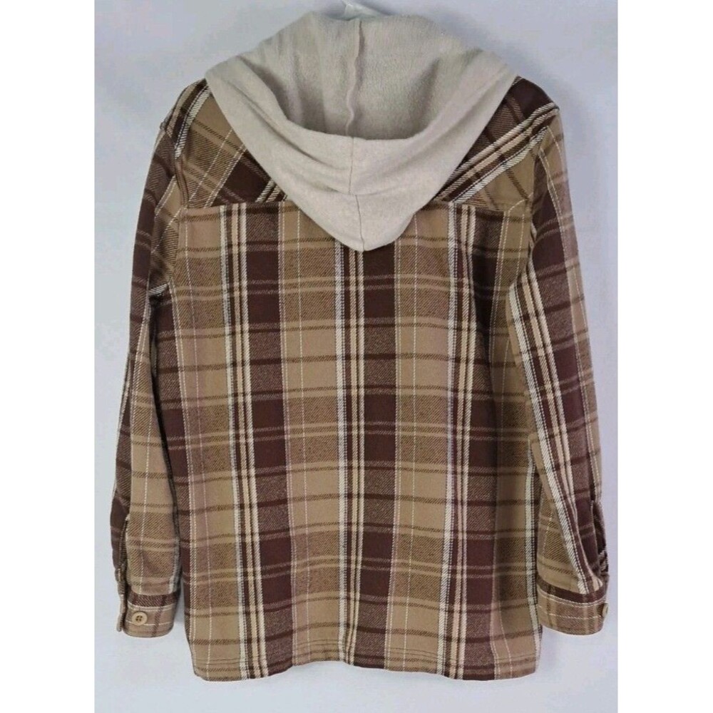 Empyre Mens Medium Plaid Hooded Button Up Jacket Shacket Brown White - Picture 3 of 6